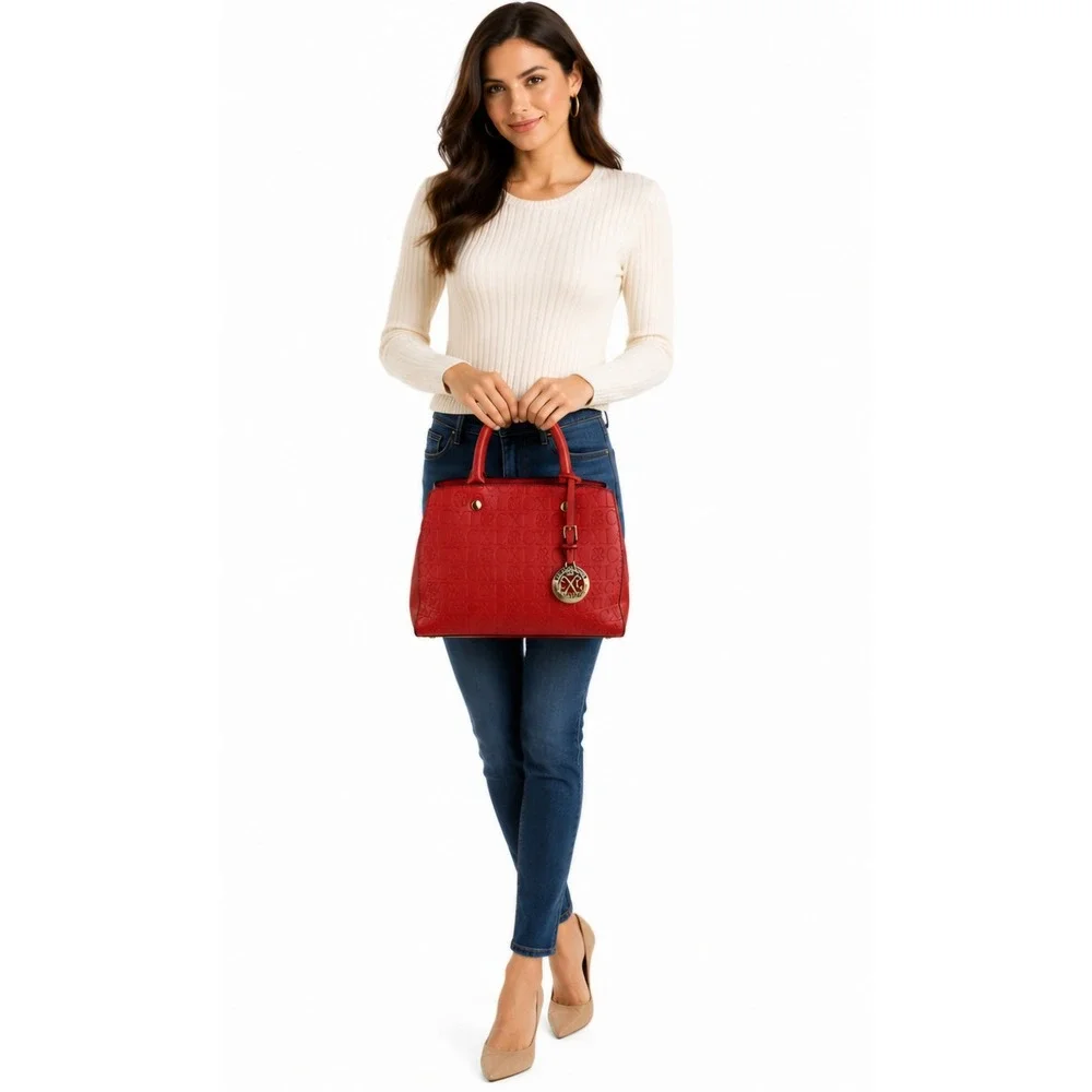 CHRISTIAN LACROIX Embossed Logo Satchel Red Convertible Shoulder Bag